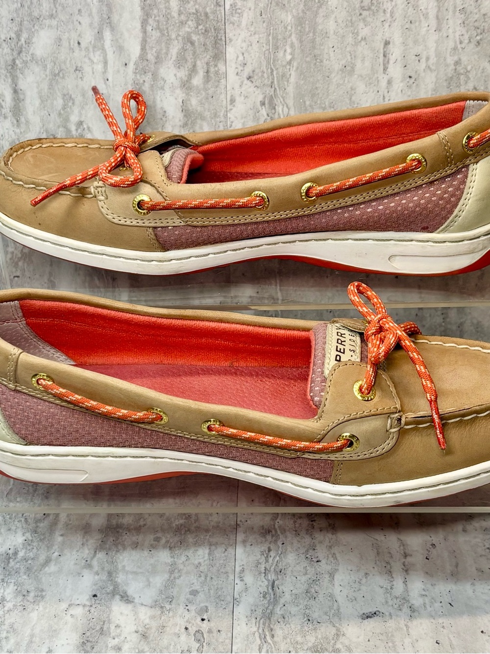 Sperry Top Sider Tan Leather and Coral Boat Shoes Slip Ons Loafers Sz 9M